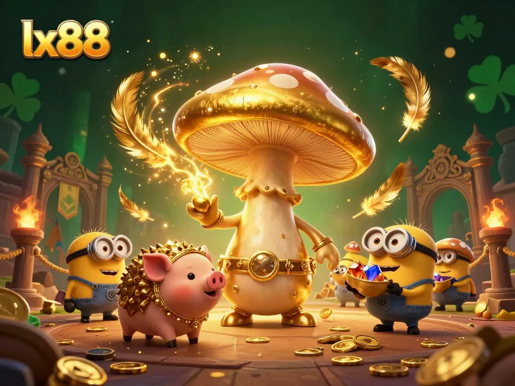 Experience thrilling gameplay at lx88, featuring a magical golden wizard, treasure-seeking pig, and enchanting elements in a vibrant casino.