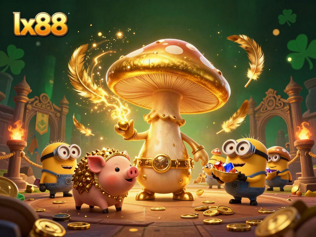 Experience thrilling gameplay at lx88, featuring a magical golden wizard, treasure-seeking pig, and enchanting elements in a vibrant casino.
