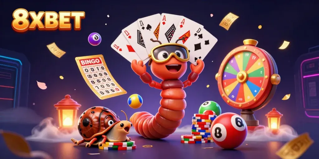 Engage with vibrant gambling action at 8XBET featuring a millipede dealer, high-roller snail, and lottery elements.