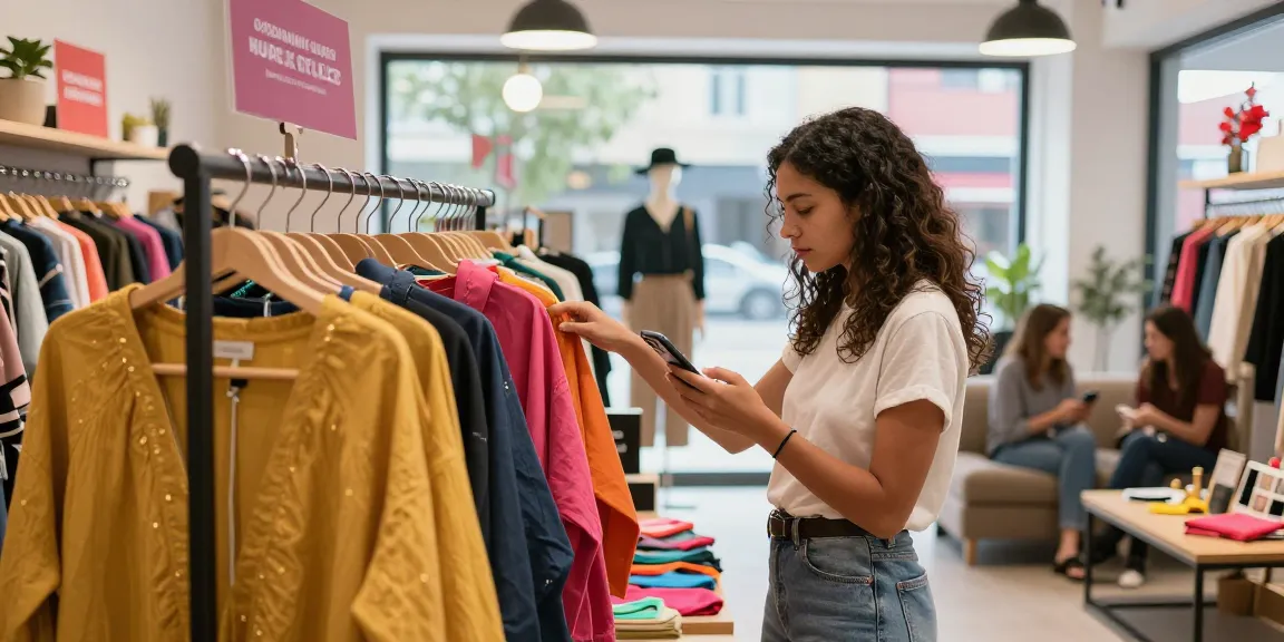 Optimize your e-commerce with a vibrant shopping scene showing a woman exploring trendy clothing in a stylish retail space.