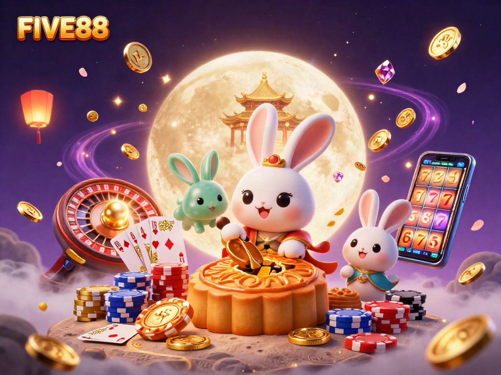 Experience thrilling gameplay at FIVE88 with vibrant casino imagery showcasing animated moon rabbits and golden coins.