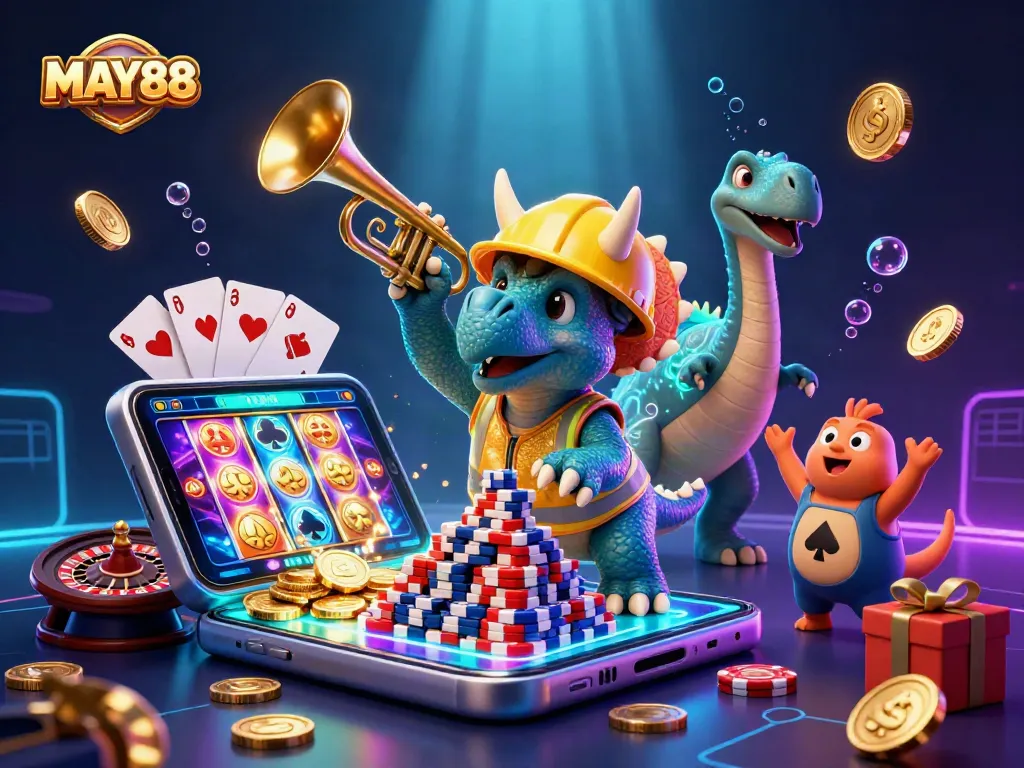 MAY88 celebrates with 3D cartoon characters in a vibrant casino scene featuring poker chips and a golden slot game display.