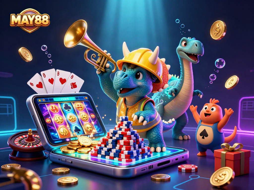 MAY88 celebrates with 3D cartoon characters in a vibrant casino scene featuring poker chips and a golden slot game display.