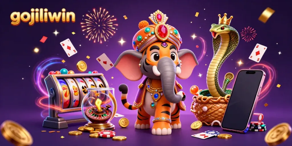 Experience the excitement of gojiliwin with vibrant casino elements swirling around a majestic scene.