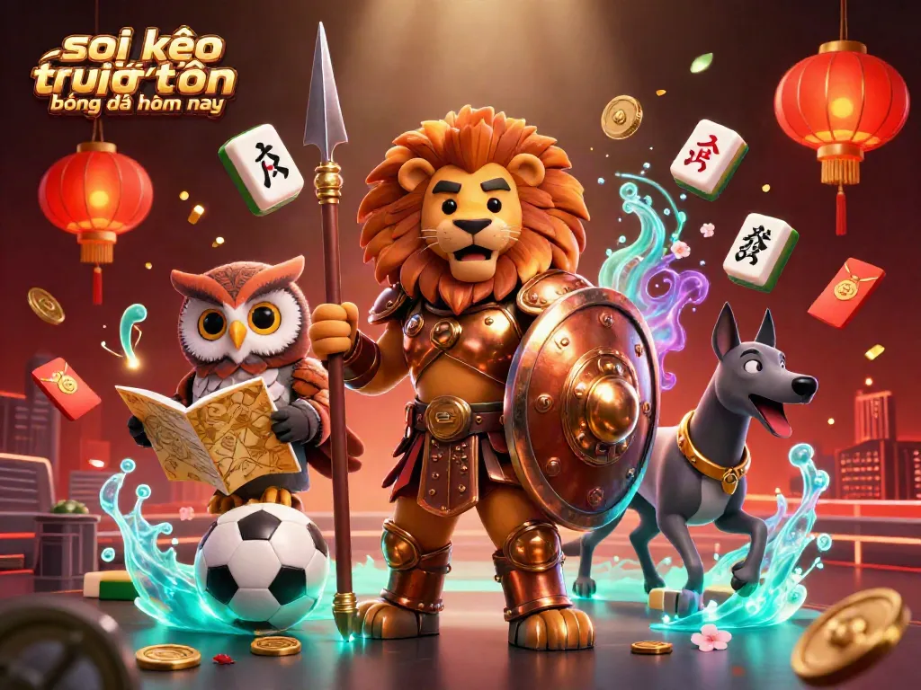 Soi kèo trực tuyến bóng đá hôm nay showcases an epic 3D sports betting scene featuring a Spartan lion, tactical owl, and swift greyhound.