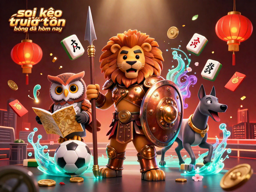 Soi kèo trực tuyến bóng đá hôm nay showcases an epic 3D sports betting scene featuring a Spartan lion, tactical owl, and swift greyhound.