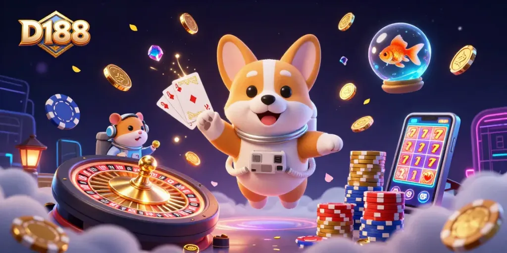 Watch the D188 astronaut corgi enjoy a vibrant casino experience in zero gravity.