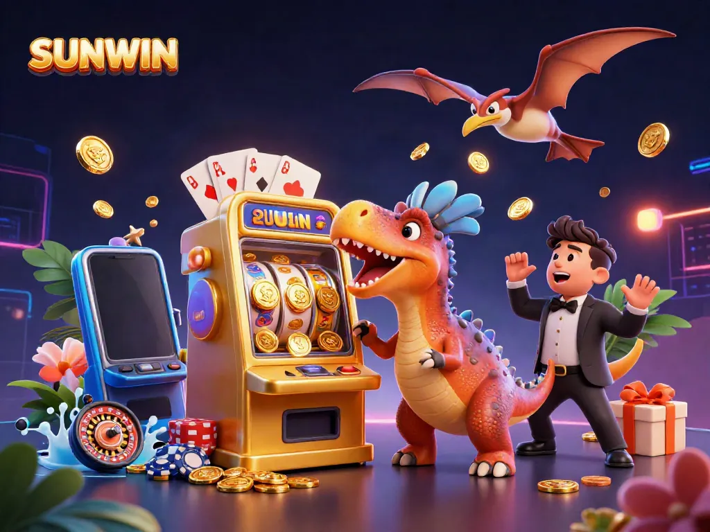 SUNWIN features a cartoon pachycephalosaurus making a jackpot slot machine pay out coins in an animated casino scene.