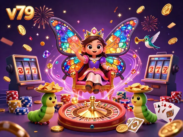 Experience the vibrant energy of v79 with a butterfly queen and dynamic casino elements in this stunning illustration.