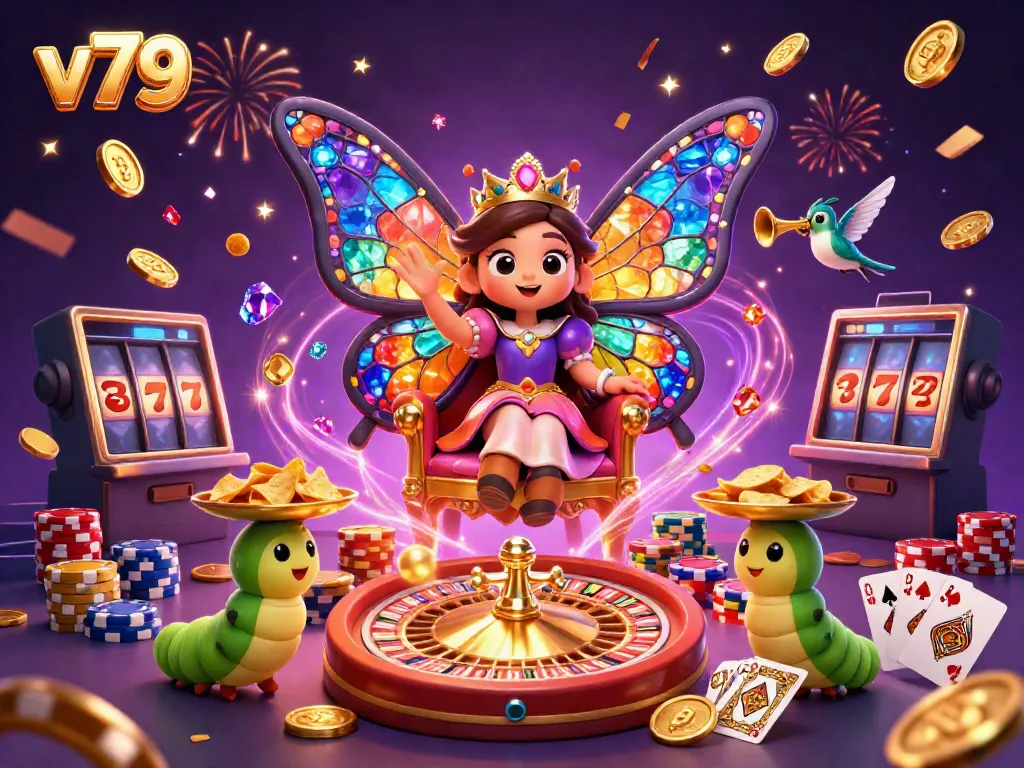 Experience the vibrant energy of v79 with a butterfly queen and dynamic casino elements in this stunning illustration.