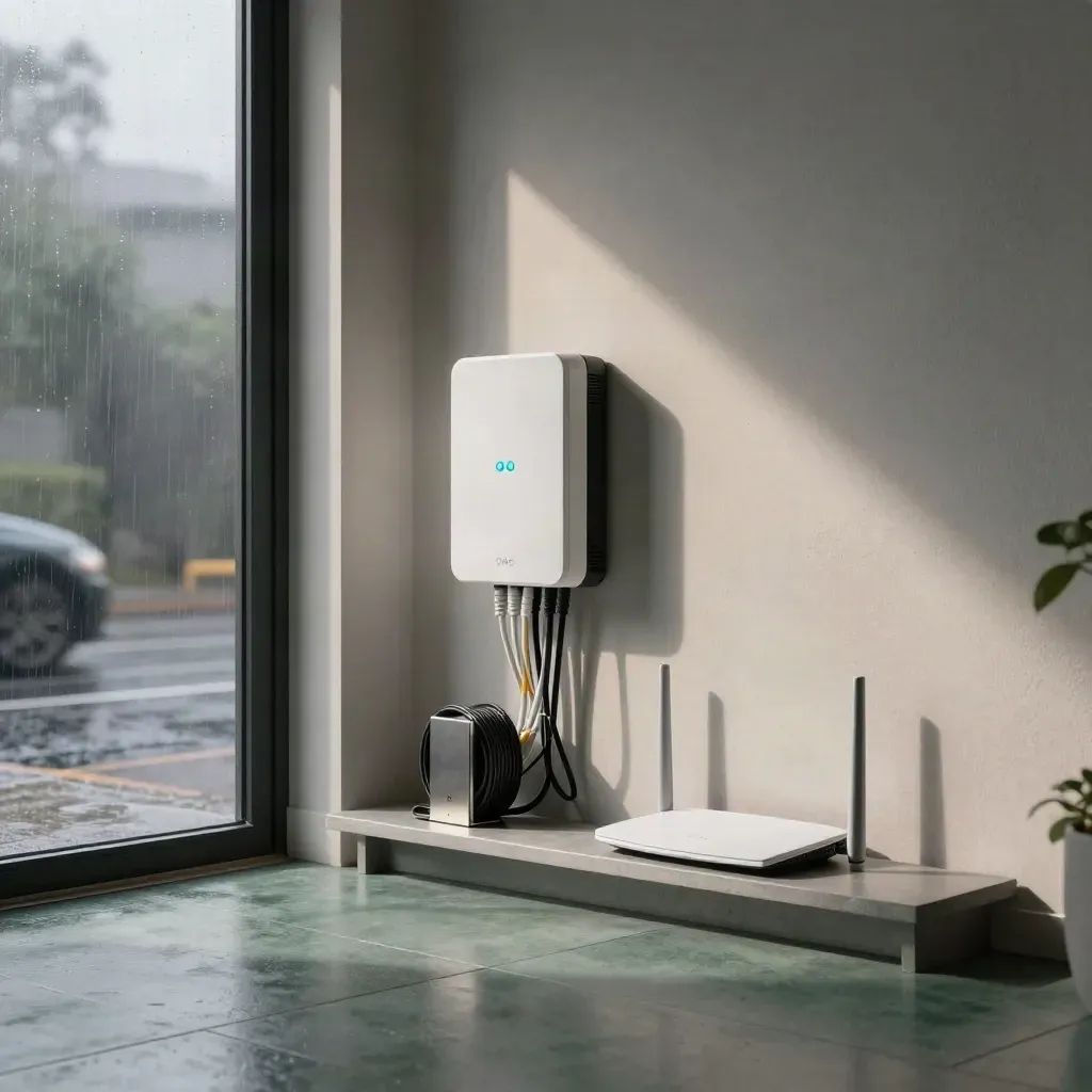 Ingresso moderno con fibra attiva, router bianco e luce ciano nella nebbia del mattino.