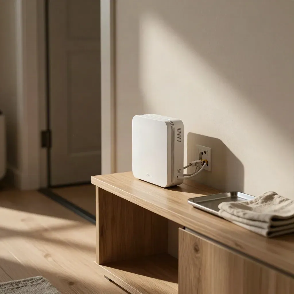 Ingresso di casa con ONT e router su consolle di legno, luci di stato accese e porta aperta.