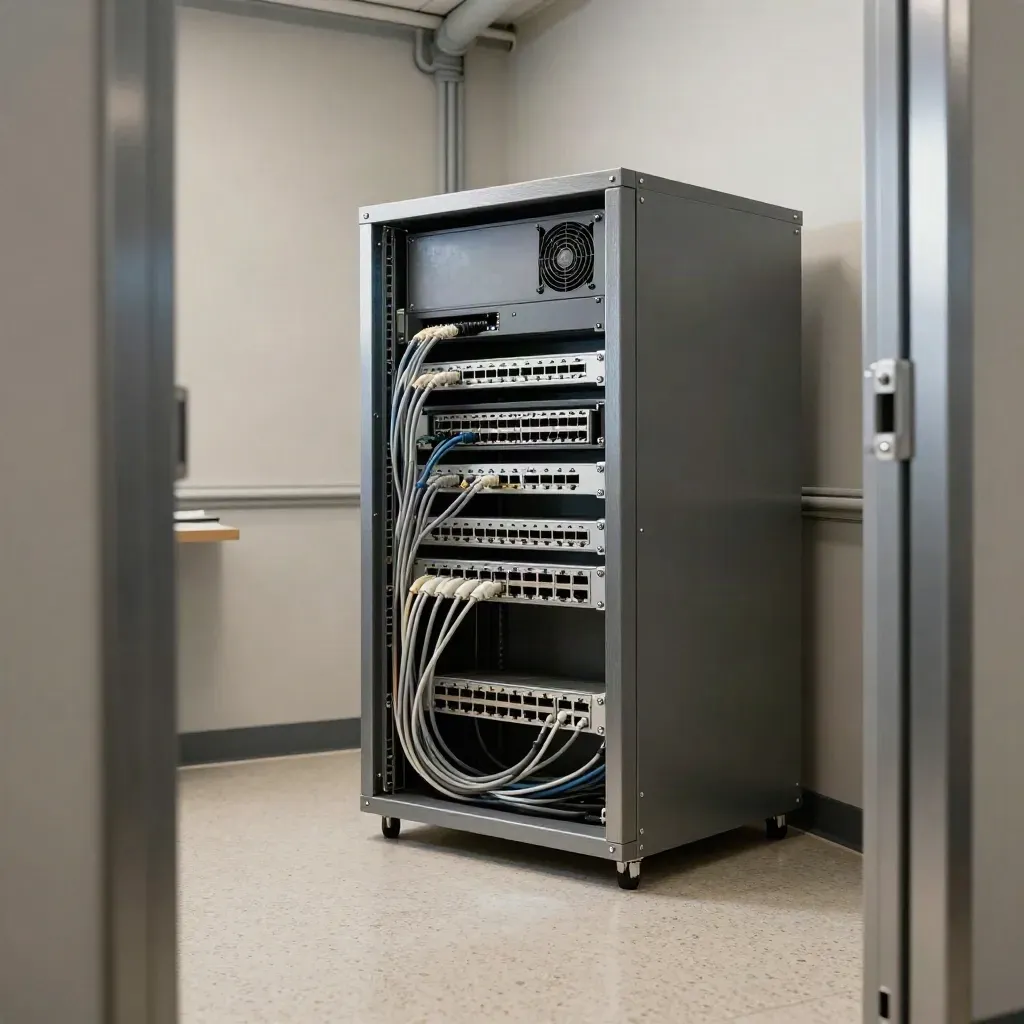 Armadio rete compatto in ufficio tecnico con router, switch e cavi ordinati