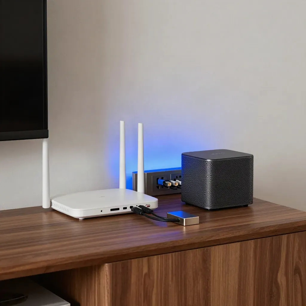 Modem, router e nodo mesh in soggiorno, con luce blu e polvere nel raggio
