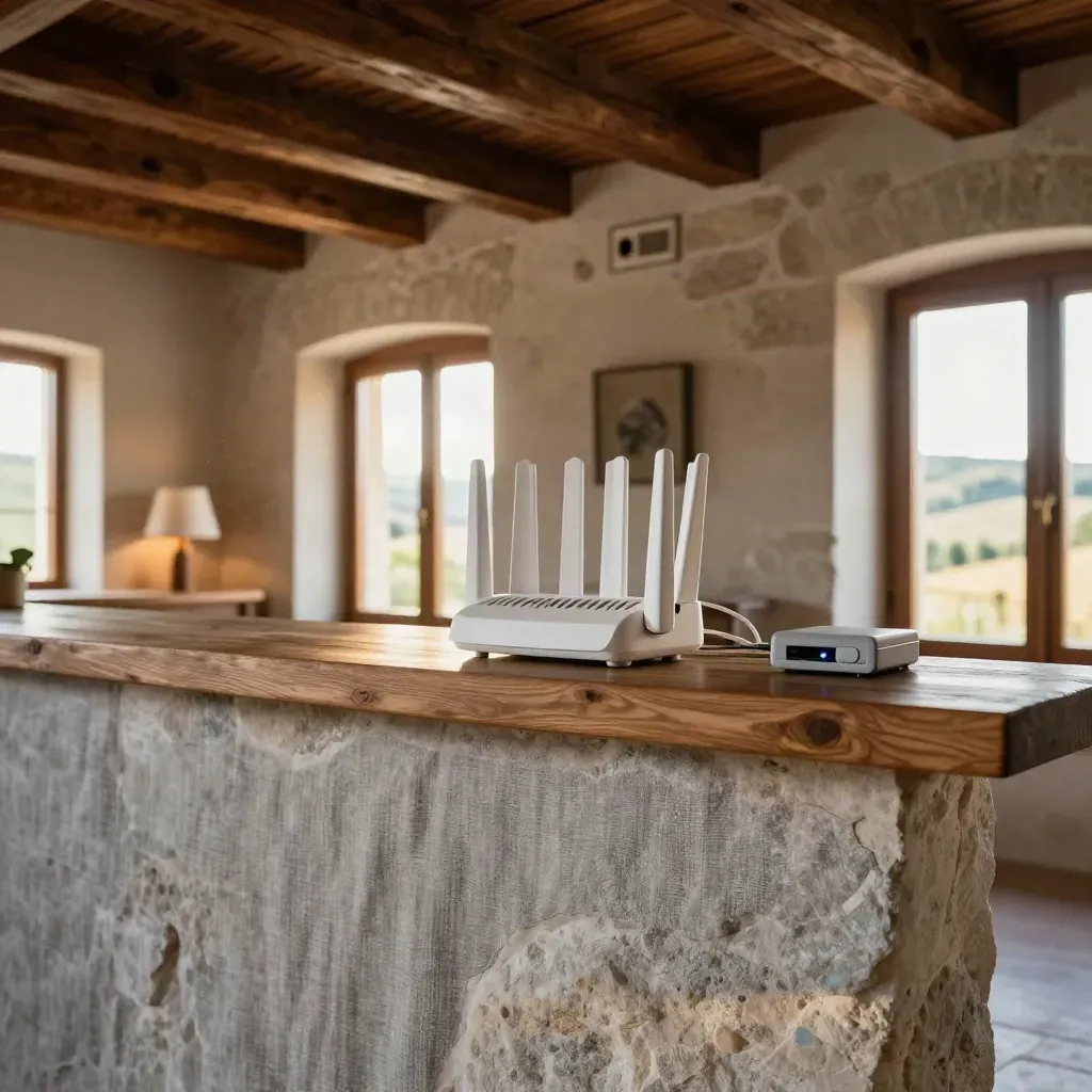 Reception in pietra e legno con router e access point, luce calda sulle colline toscane.