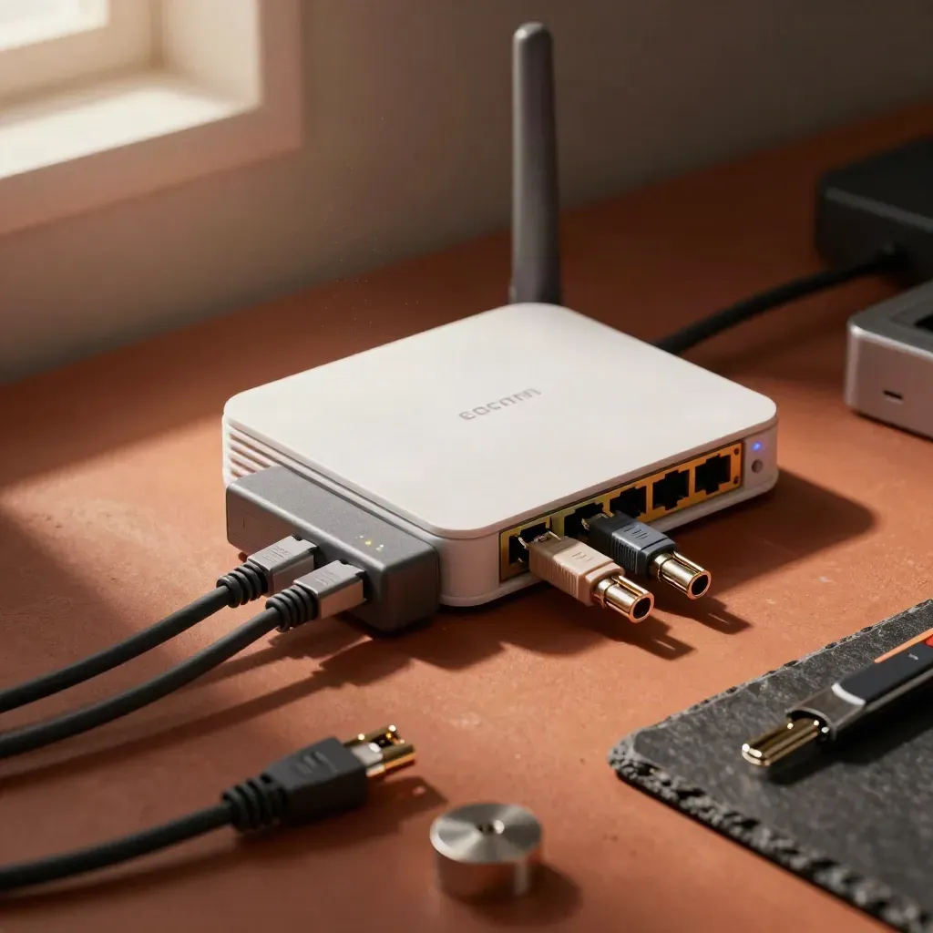 Kit tecnico con modem sostitutivo, splitter e tester su banco caldo e ordinato.