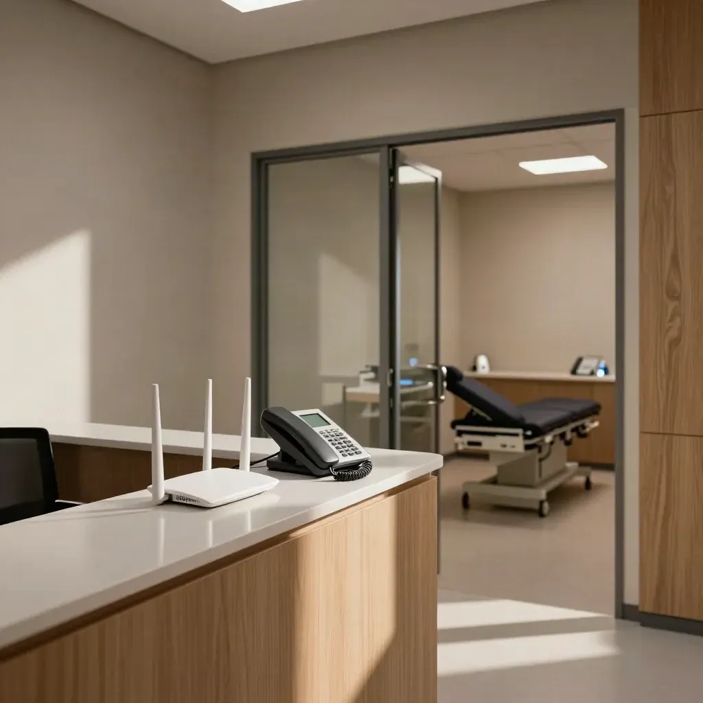 Studio medico luminoso con fibra attiva, router e telefono VoIP alla reception, ambulatori vuoti sul fondo.