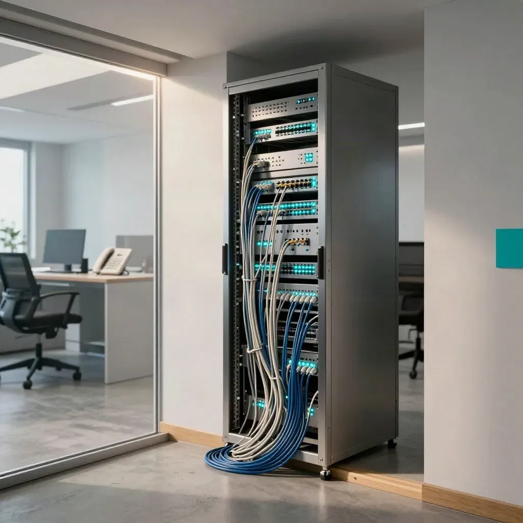Corridoio aziendale con rack, cavi ordinati e telefoni VoIP tra due sedi collegate.