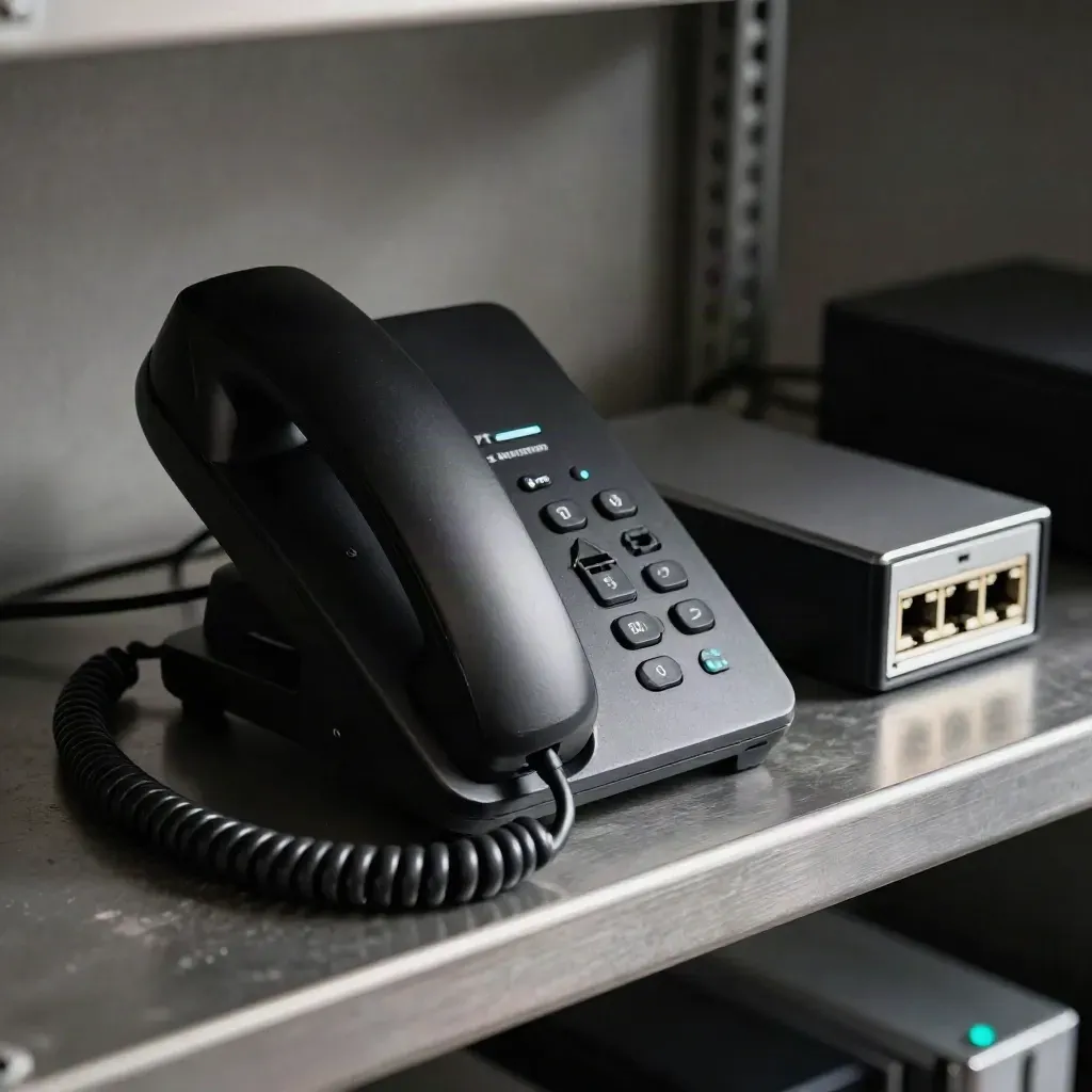Telefono VoIP, gateway ethernet e switch su mensola metallica in luce cinematica.