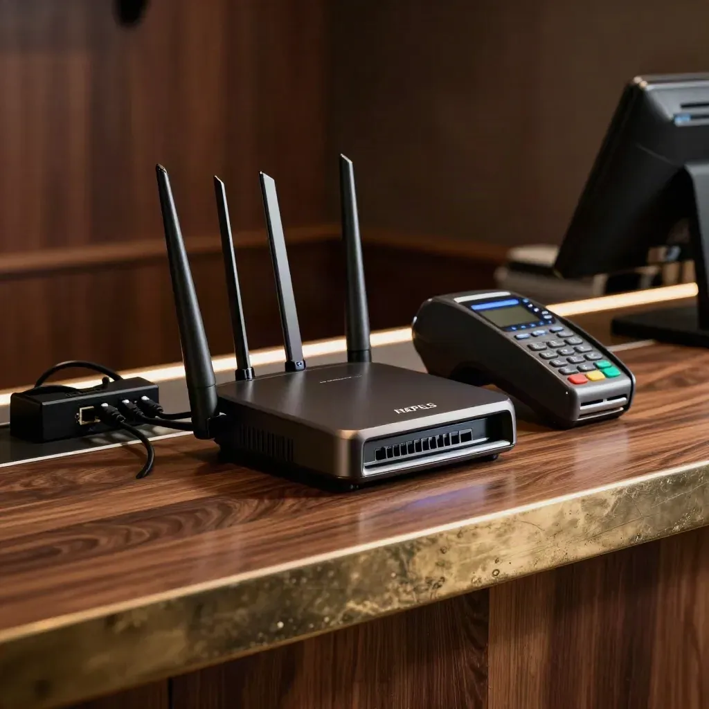 Bancone di negozio con router, terminale di pagamento e cablaggio ordinato, luce blu in interno fumoso.