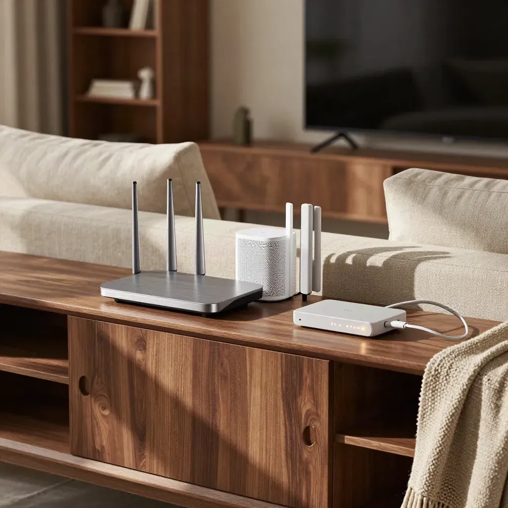 Salotto familiare con router, mesh node e modem su mobile, luce calda e rete pronta.