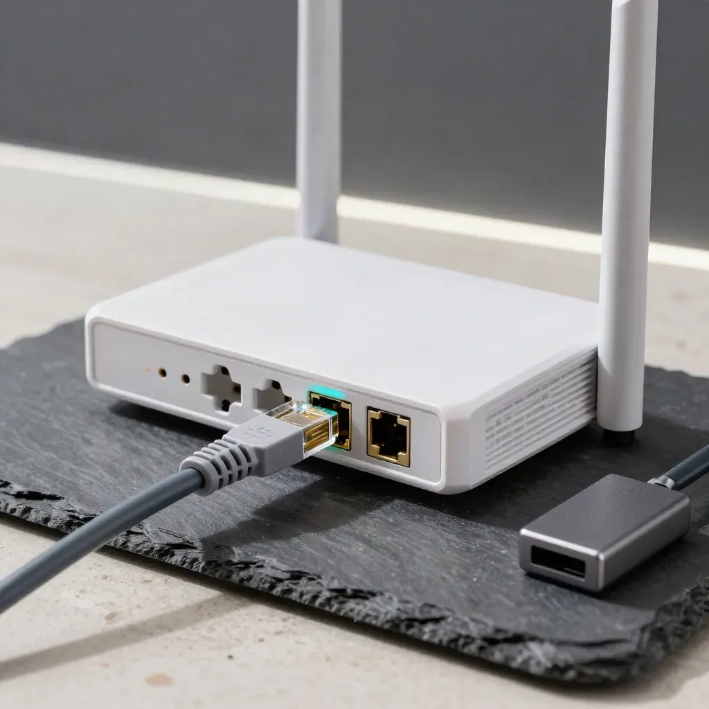 Router domestico, presa ottica, cavo ethernet e adattatore su lastra di ardesia, luce tecnica.