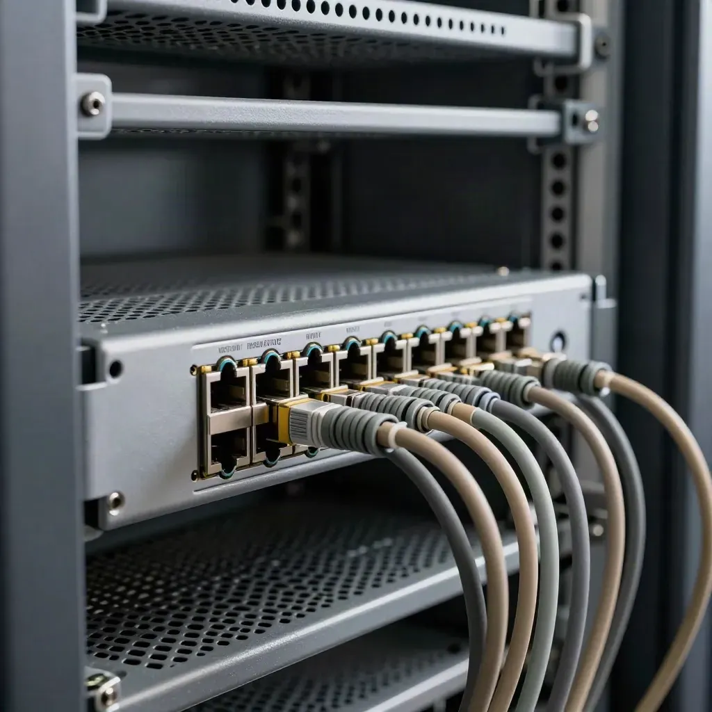 Mini switch, patch panel e cavi arrotolati su griglia industriale, luce radente metallica.