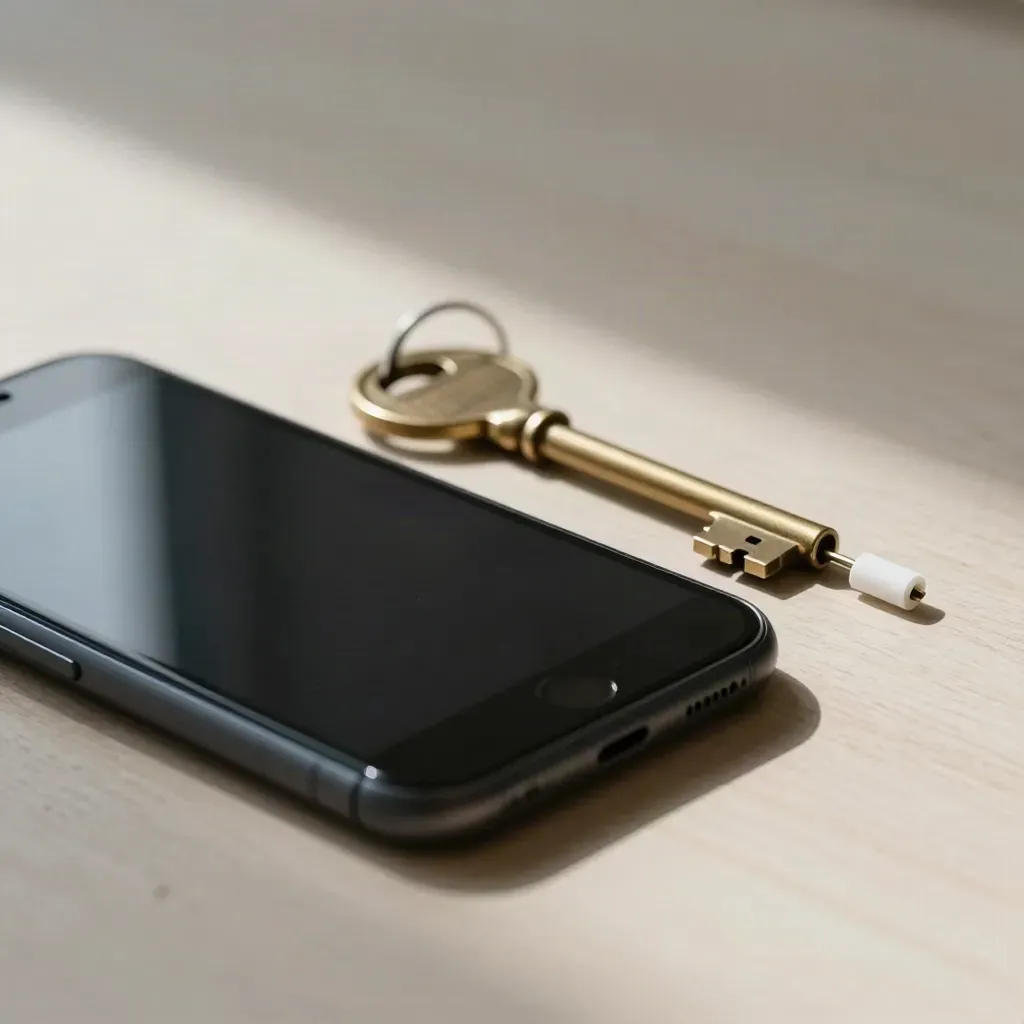 Smartphone nero, chiave di casa e connettore fibra su legno chiaro.