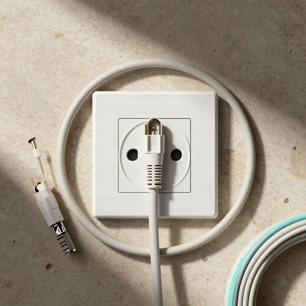 Connettore fibra e cavo accanto alla presa ottica, in still life dall’alto.