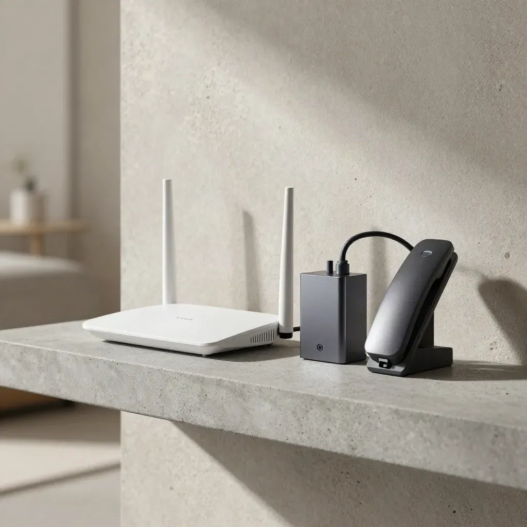 Router, nodo mesh, alimentatore e base VoIP su mensola in cemento chiaro.