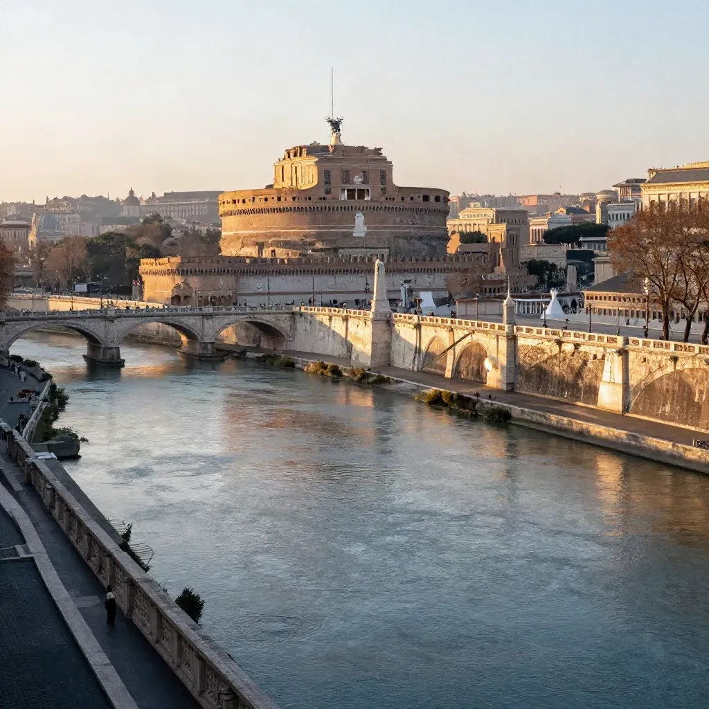 Roma all’alba sul Tevere con Castel Sant’Angelo e cupole lontane