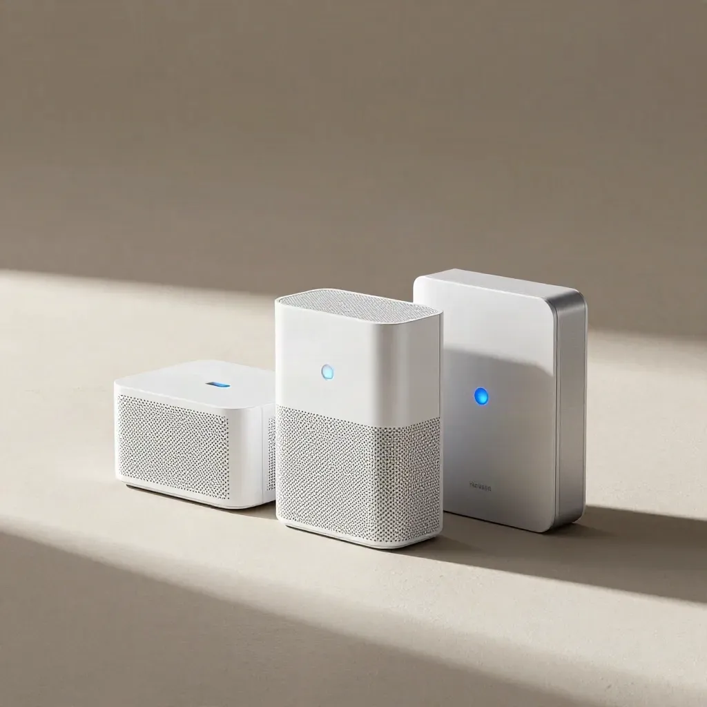 Router, mesh pod e modem compatti su fondo chiaro con luce morbida.