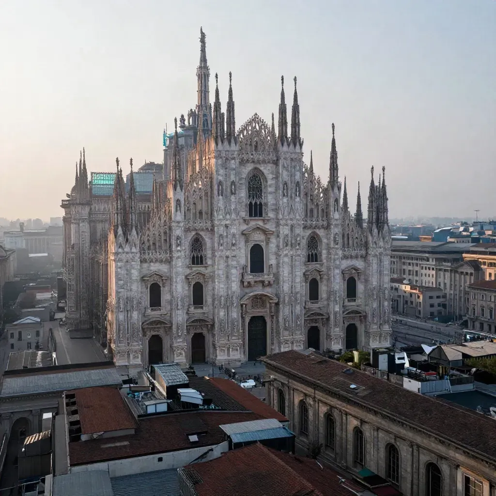 Skyline di Milano con il Duomo in alto tra tetti immersi nella foschia