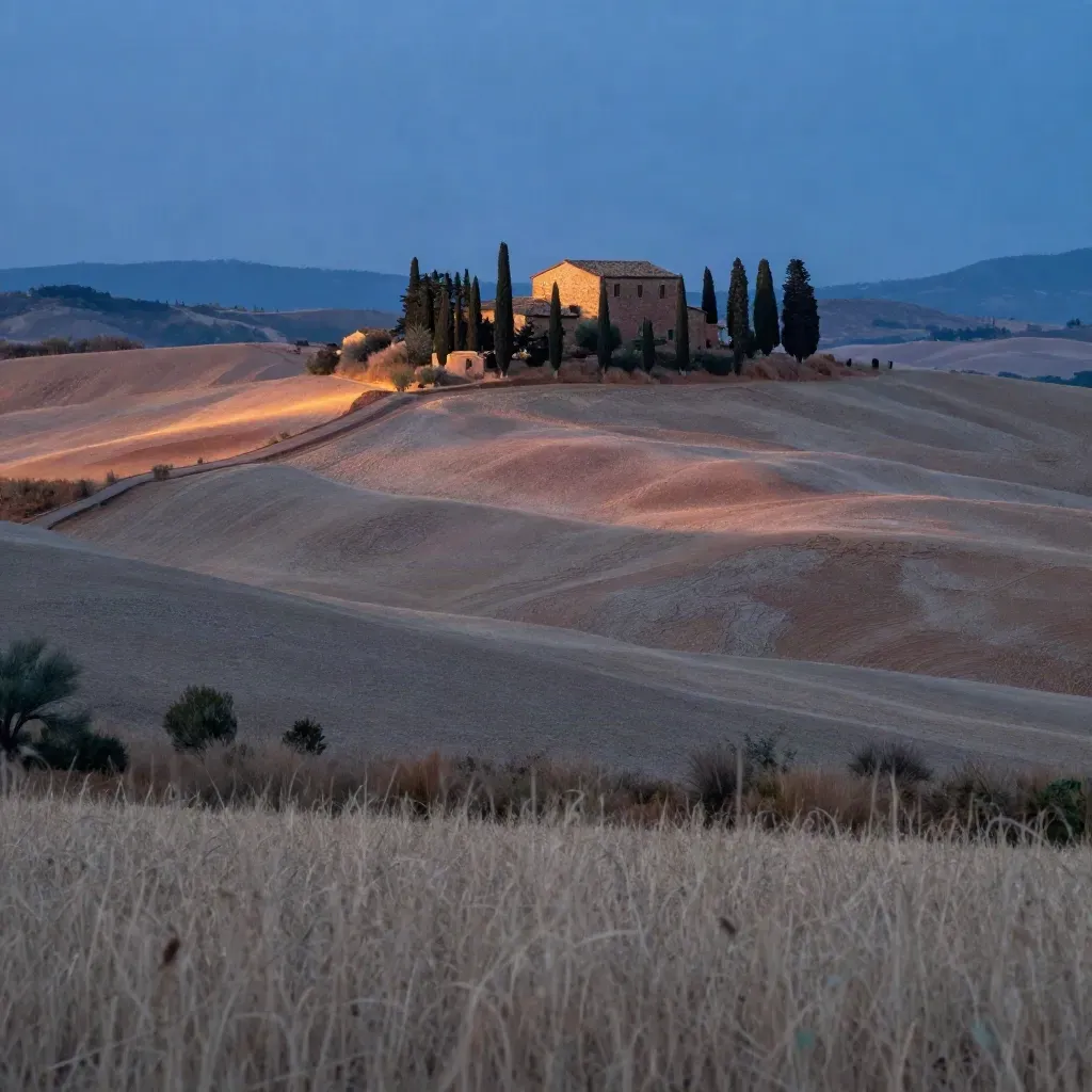 Colline della Val d’Orcia al tramonto con casa colonica e cipressi, luce calda e foschia.