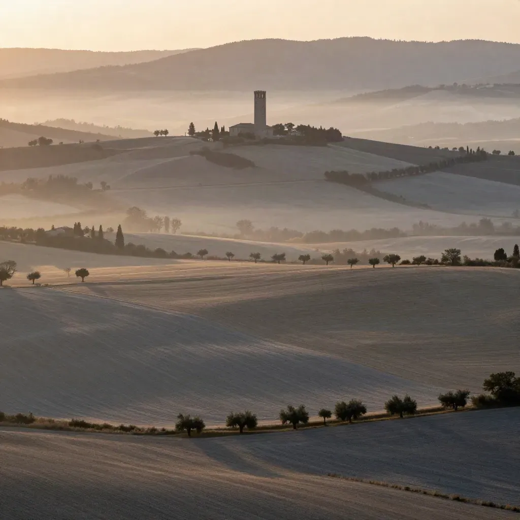 Pianura emiliana all’alba con torre medievale tra campi morbidi e foschia calda