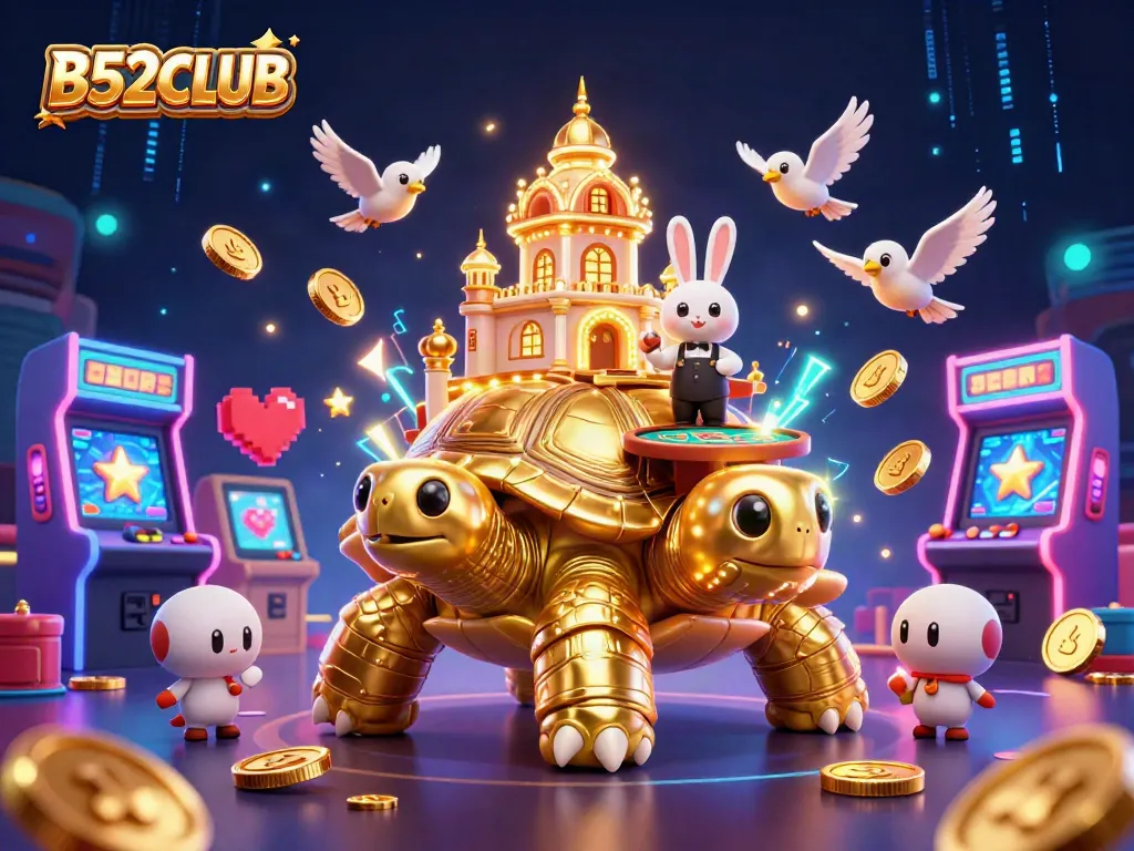 B52CLUB showcases a vibrant casino experience with golden tortoise and dynamic game elements.