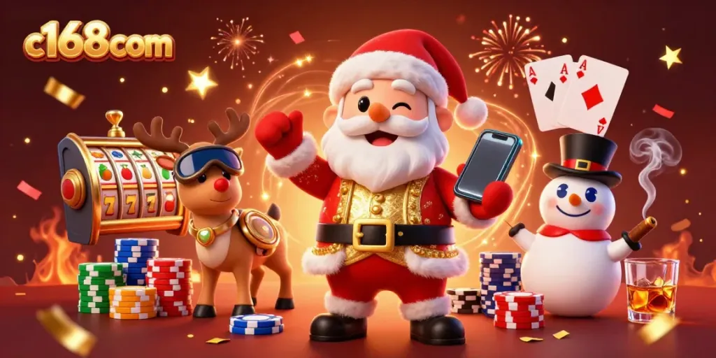 Spin the jackpots with c168com featuring Santa, reindeer, and a poker chip snowman.