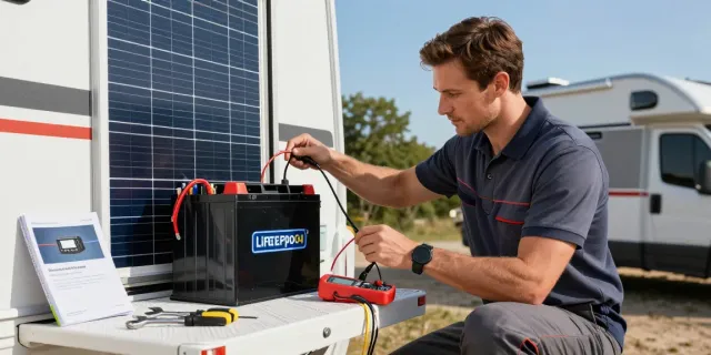 Technician installing batterie lifepo4 system in an RV, highlighting eco-friendly energy solutions.