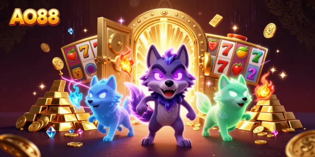 Experience exciting gameplay in AO88’s vibrant 3D casino scene filled with treasures and animated characters.