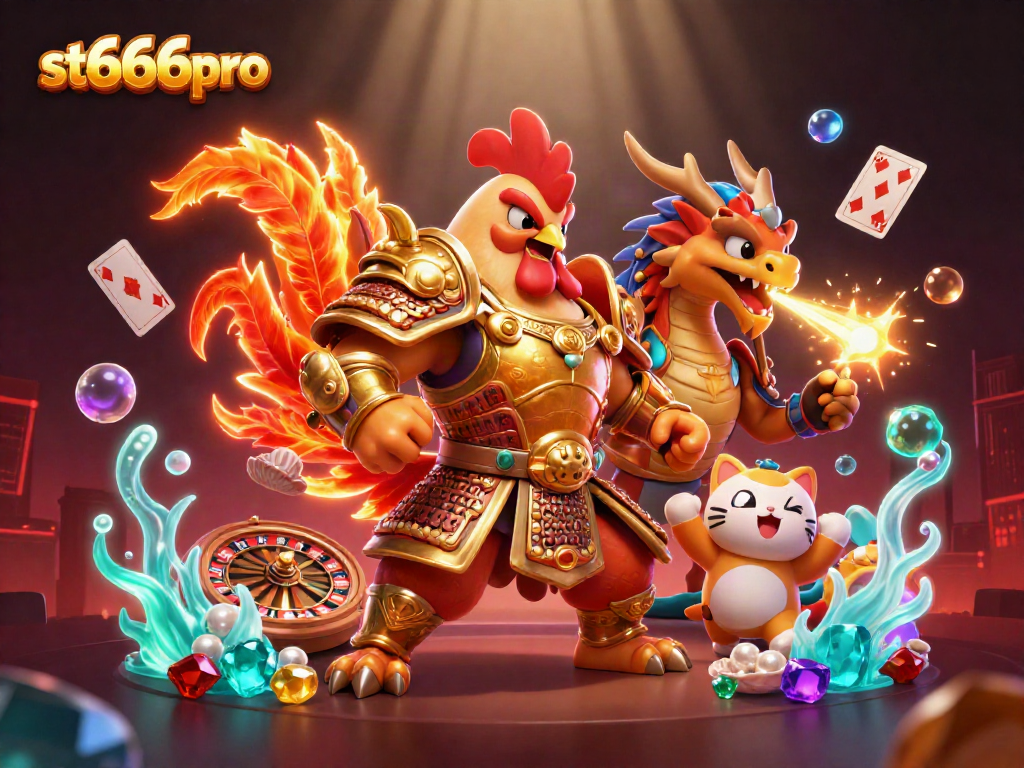 Experience thrilling games at st666pro with a dynamic casino scene featuring a 3D rooster warrior and dragon hatchling.
