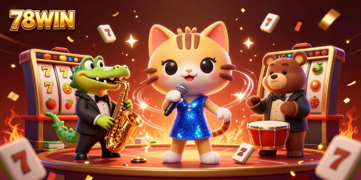 Join the dazzling fun at 78WIN with our 3D casino illustration of lively characters and immersive gameplay elements.