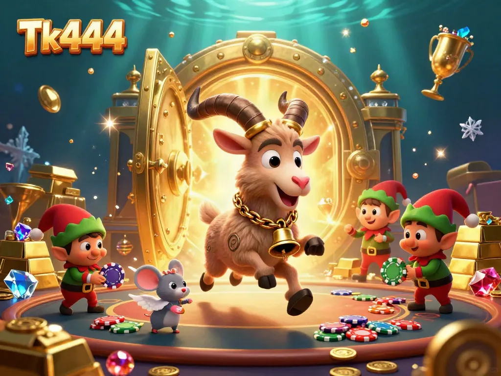 Tk444 thrills players with a dynamic casino scene featuring festive characters and treasure.