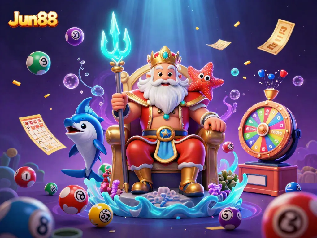 Join the excitement at Jun88 with this lively illustration showcasing casino elements and vibrant characters.