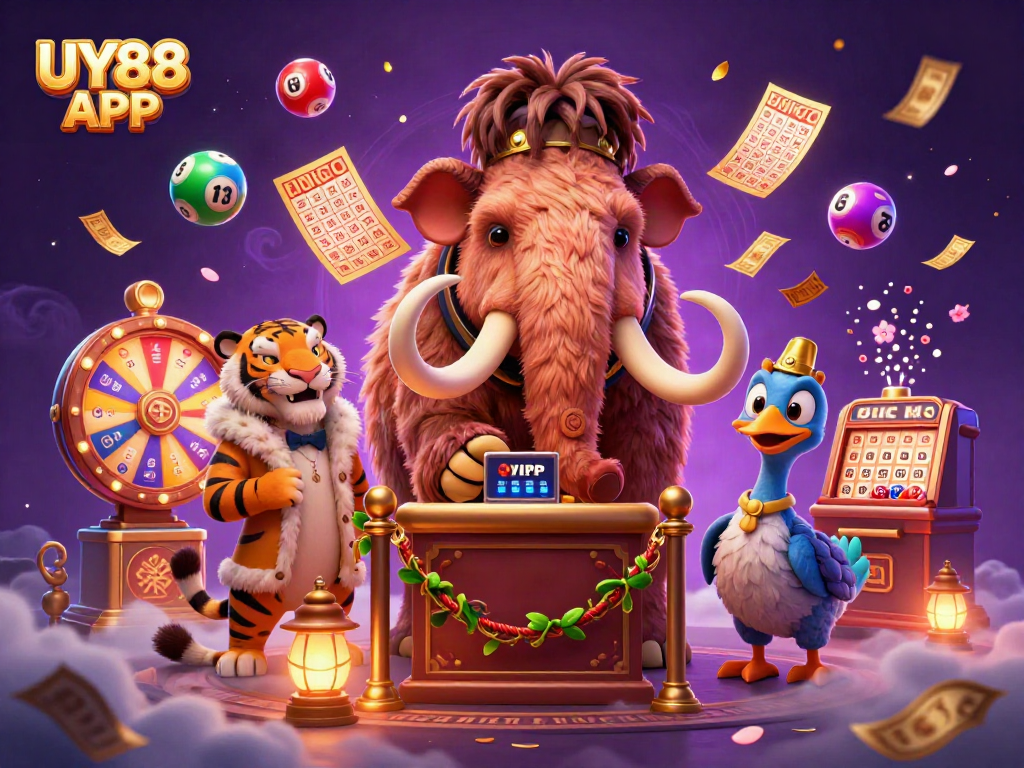 Engage with UY88 APP characters amidst a vibrant casino atmosphere filled with excitement.