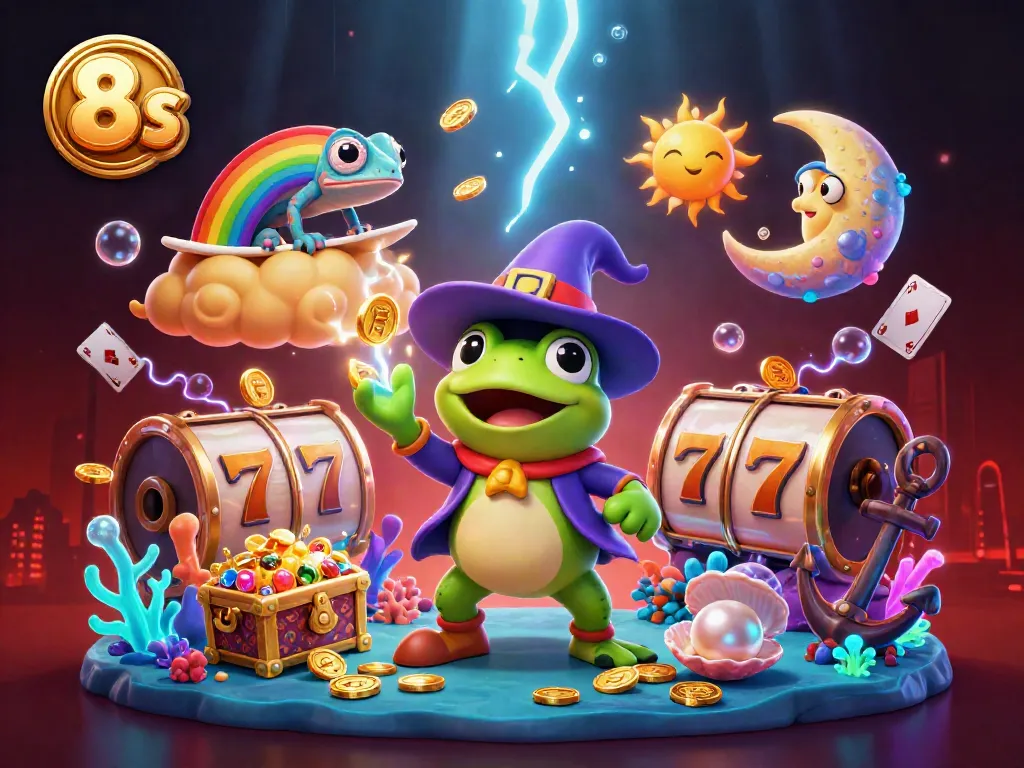 Experience casino excitement with the 8 S illustrated scene of treasures and joyous characters.