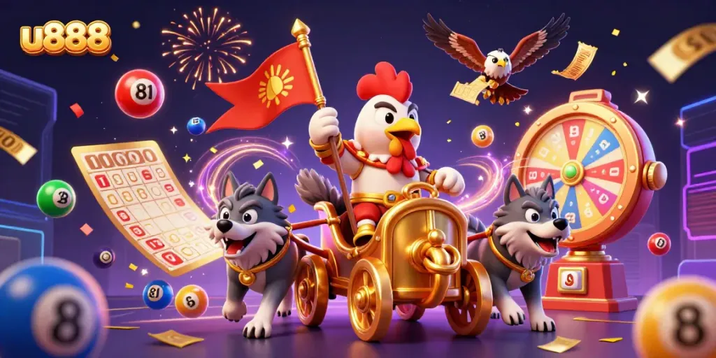 Experience the thrill of u888 with a cartoon scene of a rooster warlord and dynamic lottery elements.
