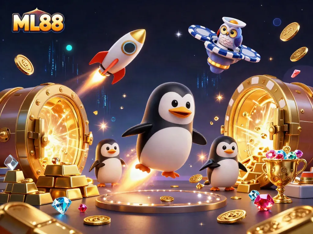 Experience the thrill of winning at ML88 with a golden penguin and casino adventure in this vibrant 3D illustration.