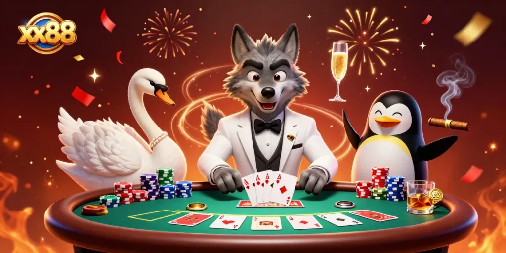 Engage with xx88 gaming scene featuring a wolf, swan, and penguin in a casino atmosphere.