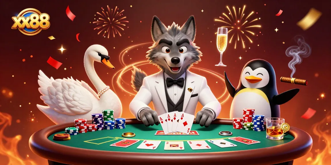 Engage with xx88 gaming scene featuring a wolf, swan, and penguin in a casino atmosphere.