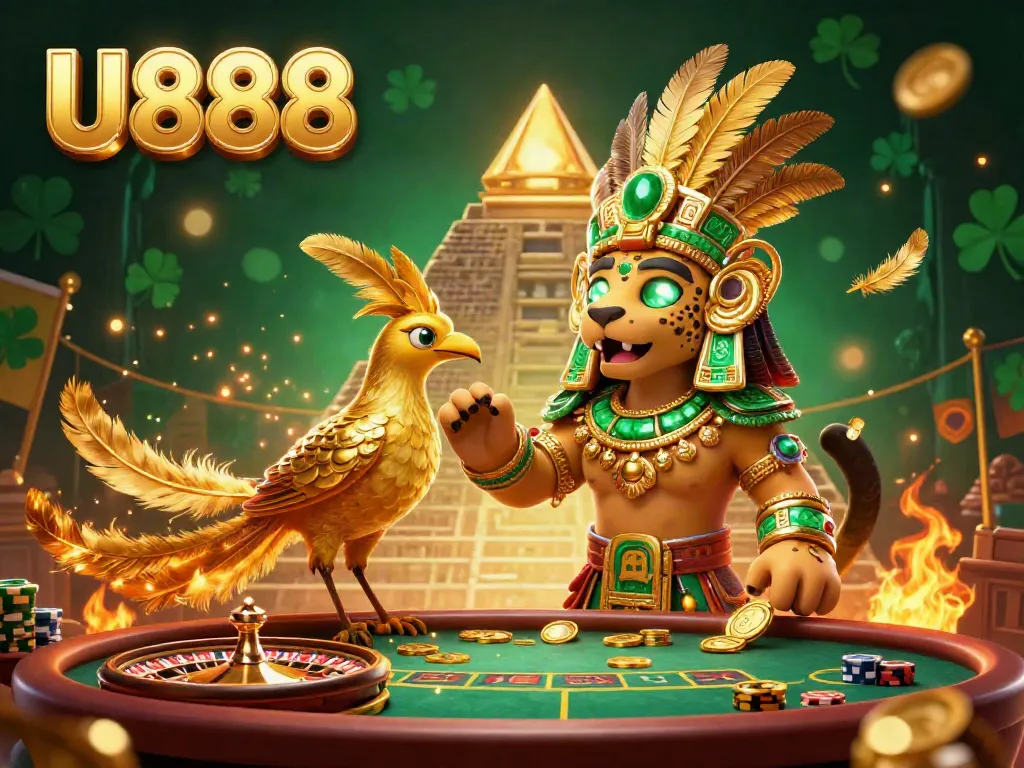 Experience U888's engaging casino atmosphere with vibrant characters, games, and golden tokens.